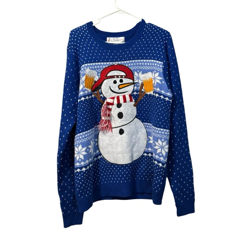 Jolly Sweaters Sweater Men Large Blue Ugly Christmas Novelty Snowman Beer Preppy